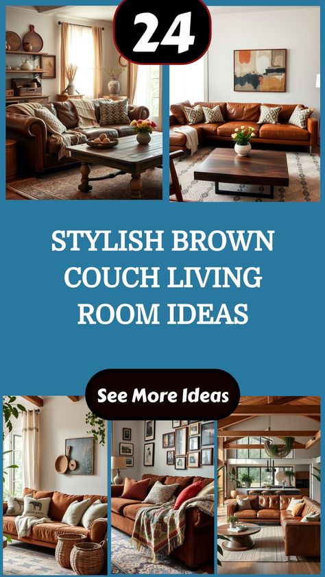 Collage of stylish living rooms featuring brown couches in various interior designs. Light Brown Furniture Living Room, Caramel Leather Couch Living Room Ideas, Brown Couch Living Room Decor, Brown Couch Living Room Ideas, Brown Leather Couch Living Room, Couch Wall Decor, Brown Furniture Living Room, Couch Living Room Ideas, Leather Couches Living Room