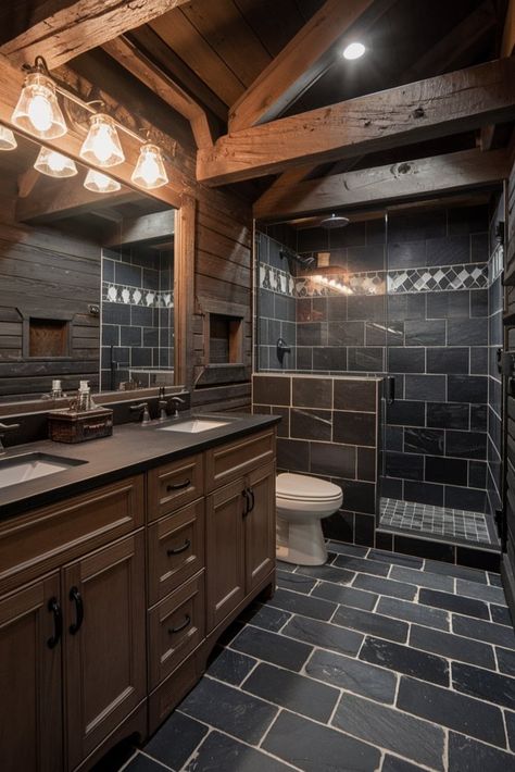 Where history meets luxury: reclaimed dark wood beams contrast beautifully with black slate surfaces in this rustic-elegant bathroom design. Perfect for farmhouse and modern country homes. #RusticLuxury #BathroomInspo #ReclaimedWood Dark Cabin Bathroom, Rustic Washroom Design, Black Rustic Interior Design, Modern Rustic Decor Bathroom, Dark Wood And Black Bathroom, Log Cabin Homes Interior Bathroom, Modern Mountain Bathroom Design, Rustic House Remodeling Ideas, Dark Western Home Aesthetic