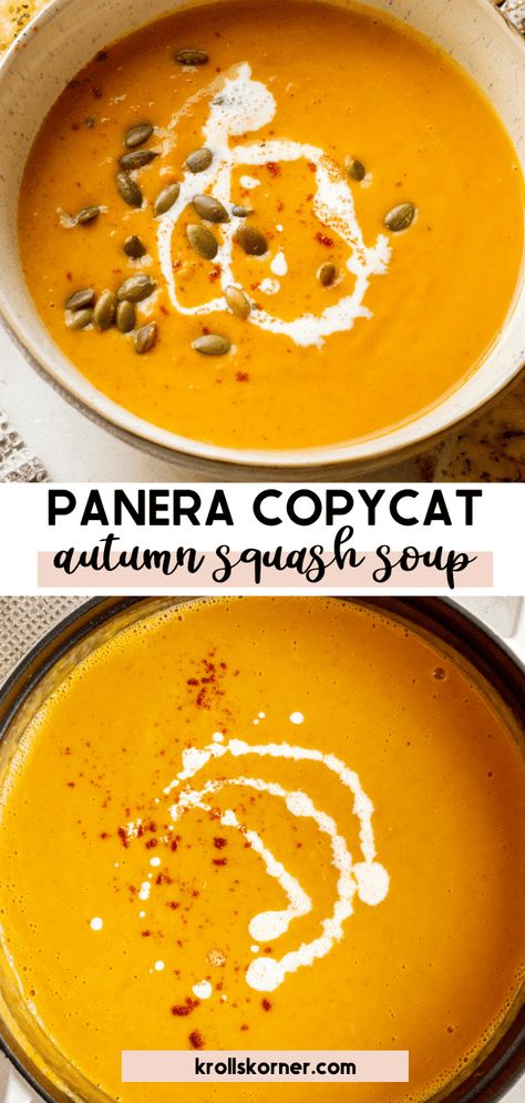 Panera Autumn Squash Soup is creamy, silky-smooth and made with roasted butternut squash, pumpkin, and carrots. It's Fall in a bowl! Butternut Squash Pumpkin Soup Coconut Milk, Roasted Butternut Squash And Bacon Soup, Butternut Squash Soup Tumeric, Butternut Squash Chowder, Apple Squash Soup Recipe, Butternut Squash Queso, Autumn Harvest Soup Panera, Wolfgang Puck Butternut Squash Soup, Harvest Soups Fall