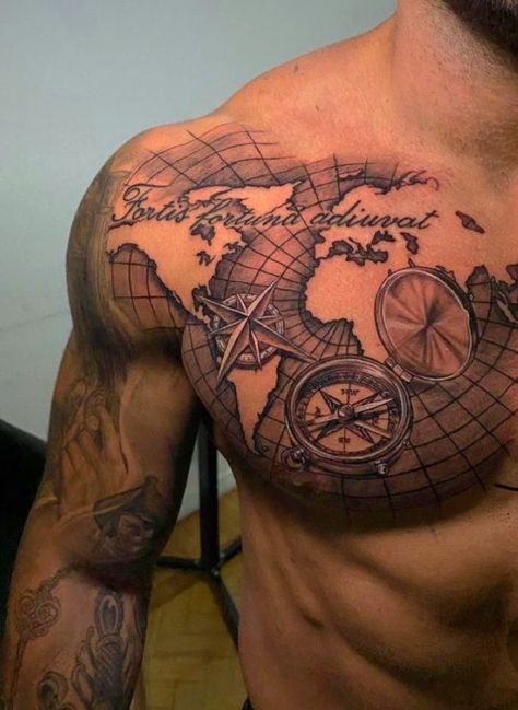 Piece Tattoo Ideas, Shoulder Piece Tattoo, Nautical Tattoo Sleeve, Font Tato, Navy Tattoos, World Map Tattoos, Shoulder Piece, Compass Tattoo Design, Map Tattoos