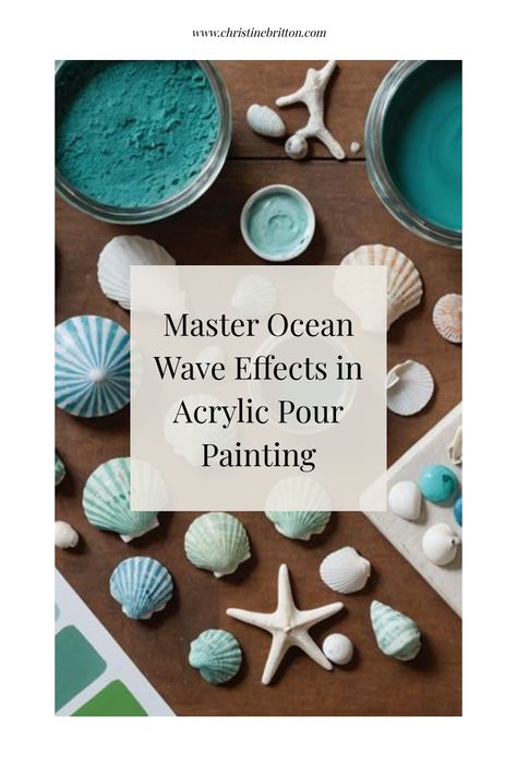 Seashells and teal paints surrounding a guide on creating ocean wave effects in acrylic pour painting. Acrylic Pouring Art Ideas, Stunning Paintings, Ocean Hues, Acrylic Pouring Techniques, Dutch Pour, Acrylic Pour Painting, Paint Pouring, Acrylic Pouring Art, Ocean Colors