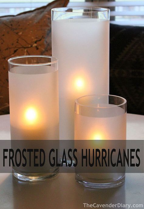 Simple frosted glass hurricanes.  Find glass vases at goodwill.  Tape off pattern or edges.  Spray with Rustoleum Frosted Glass. Frosted Glass Diy, Frosted Glass Paint, Whimsical Crafts, Glass Spray Paint, Frosted Glass Spray, Wedding Diys, Vase Transparent, Old Vases, Paper Vase