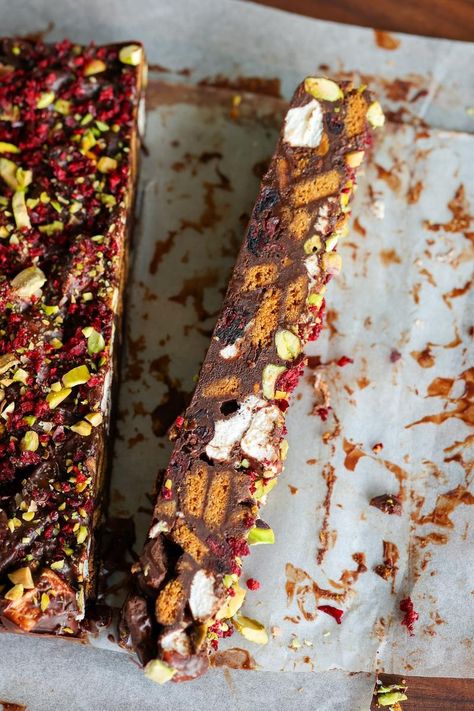 Christmas Rocky Road | Pick Up Limes Vegan Rocky Road, Christmas Rocky Road, Rocky Road Recipe, Christmas Meals, British Desserts, Dried Pineapple, Freeze Dried Raspberries, Dried Raspberries, Freeze Dried Strawberries