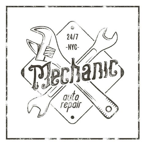 Mechanic auto repair label. Vintage tee design graphics, complete car repair typography print. Custom t-shirt stamp royalty free illustration Stamp Illustration, Monochrome Artwork, Mechanics Logo, Abstract Art Blue, Mobile Mechanic, Print Typography, Blue Abstract Art, Free Illustration, Car Repair