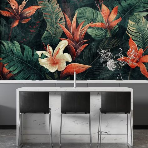 Removable Wallpaper Peel and Stick Wallpaper Wall Paper Wall Mural Tropical Floral Wallpaper 472 - Etsy Romania Office With Floral Wallpaper, Tropical Hideaway, Accent Wall Entryway, Mural Tropical, Motif Jungle, Jungle Pattern, House Makeover, Matte Fabric, Washable Paint