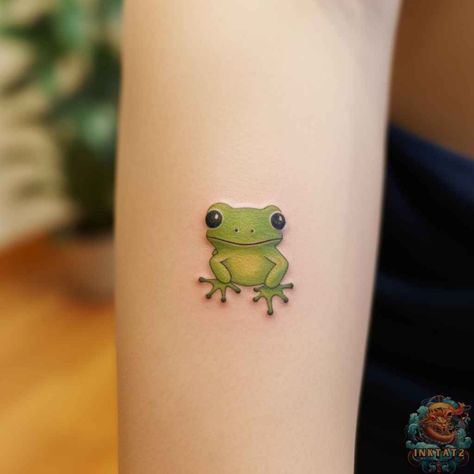 Unleashing the Symbolism: The Fascinating World of Frog Tattoos: 76 Designs - inktat2.com Green Tree Frog Tattoo, Small Cute Frog Tattoo, Tattoo Frog Cute, Aesthetic Frog Tattoo, Colorful Frog Tattoo, Frog Tattoos Simple, Small Frog Tattoo Simple, Green Frog Tattoo, Green Tattoo Ideas