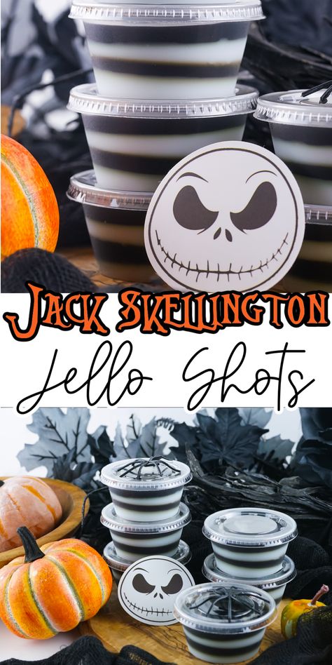 These Jack Skellington Jello Shots are the boozy treat to serve up to any Nightmare Before Christmas Fan. These will be a huge hit at any Halloween party too! #nightmarebeforechristmas #jackskellington #jelloshots Adult Halloween Party Food, Halloween Jello Shots, Halloween Jello, Halloween Shots, Halloween Party Drinks, Nightmare Before Christmas Wedding, Postres Halloween, Jelly Shots, Halloween Camping