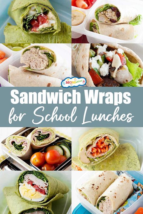 different types of wraps for school lunches from chicken salad wraps to cobb salad wraps and so much more Kids Lunch Wrap Ideas, Lunch Meat Wrap Ideas, Premade Wraps For Lunch, School Lunch Sandwich Ideas, Wrap Sandwiches Recipes, Wraps For Kids, Make Ahead Wraps, Make Ahead Wraps Lunch Ideas, Easy Wraps For Lunch Cold