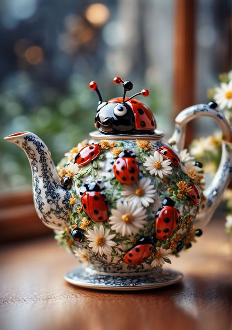 Amazing ladybug shaped teapot - AI creation Teapot Ideas, Teapot Art, Teapot Crafts, Tea Cup Cookies, Tea Pots Art, Art Deco Artwork, Cute Teapot, Novelty Teapots, Teapots Unique