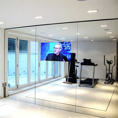 Gym Mirror Wall, Mirror Panel Wall, Basement Movie Room, Home Gym Mirrors, Closet Mirror, Small Home Gym, Beauty Room Vanity, Home Gym Garage, Mirror Tv