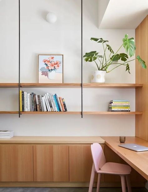 Office With Long Desk, Desk Middle Of Room, Narrow Office Space Ideas, Open Shelves Bedroom, Open Storage Ideas, Mid Century Office, California Bungalow, Study Nook, Built In Desk