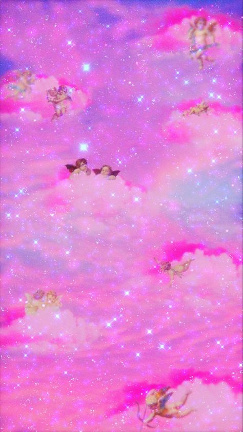 Cherub angel baby wallpaper background with a Cheshire Cat colored glittery, galaxy inspired sunset kinda sky. Pink Trippy Aesthetic Wallpaper, Bimbocore Wallpaper Phone, Trippy Laptop Wallpaper, Pink 90s Wallpaper, Girly Wallpaper Backgrounds, Pink Trippy Wallpaper, 2000s Background Aesthetic, Glitter Background Aesthetic, 4d Wallpaper Iphone