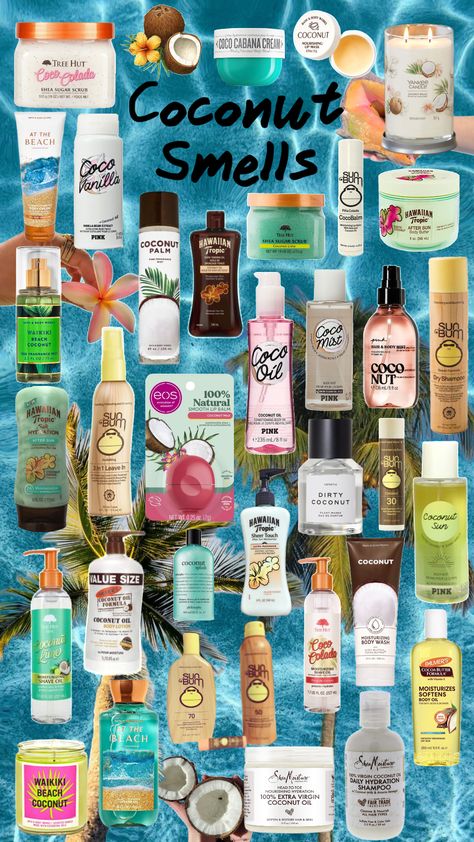 Coconut smells for summer!😋🥥🤙🏼🌊🌤️ #nature #vibes #art #coconut #summer #smells #coconutsmell #ocean #beach #beachbabe #outfits #beauty #tumblr #boho Coconut Beauty Products, How To Smell Like The Beach, Coconut Smelling Products, How To Smell Like Coconut, How To Smell Like, Summer Smells, Coconut Smell, Smell Like Summer, Summer Smell