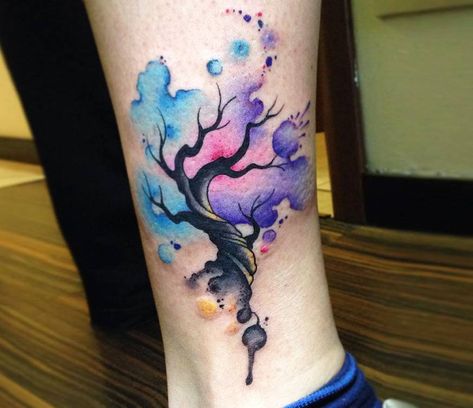 Colorful Nature Tattoos, Watercolor Tattoo For Women, Tattoo Designs Fine Line, Watercolor Tree Tattoo, Tattoo Designs Minimalist, Fine Line Tattoo Designs, Line Tattoo Designs, Tatoo Dog, Watercolor Tattoo Tree