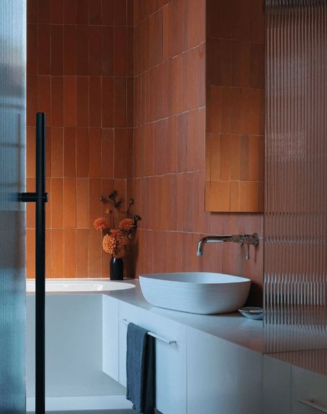 TERRACOTTA | Middle Earth Tiles Deep Red Bathroom, Terracotta Bathroom Tiles, Red Tile Bathroom, Moroccan Inspired Bathroom, Terracotta Bathroom, Orange Bathrooms, Bathroom Red, Glazed Tiles, Paint Colour