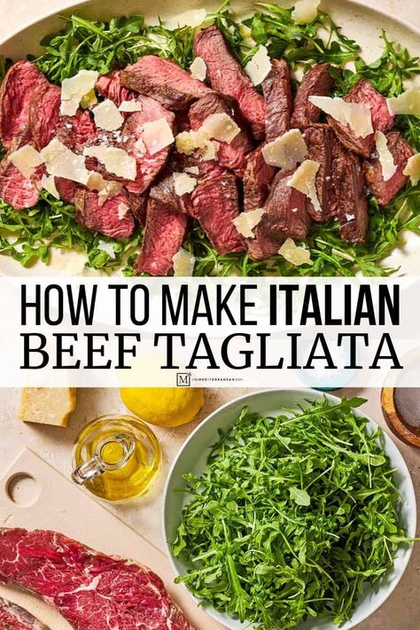 Beef Tagliata, or Tagliata di Manzo, is an Italian steak recipe served over a lemony arugula salad and finished with shaved parmesan. Beef Tagliata Recipe, Italian Steak Dinner, Beef Italian Recipes, Italian Steak Recipes, Beef Recipes Italian, Steak Arugula Salad, Steak Tagliata, Shaved Steak Recipes, Steak Grilling Times