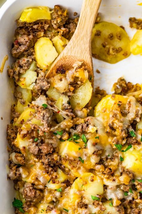 Cheesy Sausage and Potatoes Recipe (Sausage Breakfast Casserole) | The Cookie Rookie | Bloglovin’ Cheesy Sausage And Potatoes, Keto Sausage Recipe, Potatoes And Sausage, Cheesy Breakfast Casserole, Sausage And Potato Bake, Sausage Potato Casserole, Leftover Turkey Casserole, Sausage Breakfast Casserole, Pumpkin French Toast Casserole