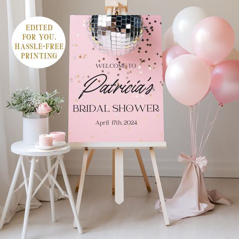 Disco Ball Bridal Shower Ideas, The Last Disco Bridal Shower Theme, Bridal Shower Disco Theme, Bridal Shower Last Disco, Disco Bridal Party, Disco Bridal Shower Ideas, Disco Welcome Sign, Bridal Shower Disco Balls, Disco This Way Sign