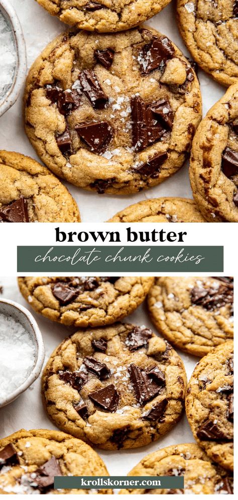 Brown Butter Chocolate Chunk Cookies • Kroll's Korner Krolls Cookies Recipe, Browned Butter Cookies, Brown Butter Cookies, Caramel Bits, Chocolate Sticks, Gourmet Cookies, Cookie Swap, Sugar Sugar, Chocolate Chunk