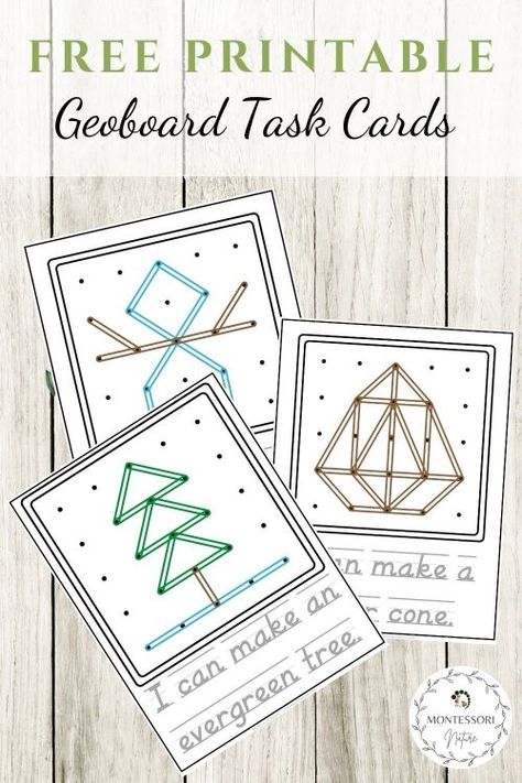 Geoboard Task Cards Montessori Nature Free Printable (4) Geo Board Shape Cards Free, Geoboard Patterns Free Printable, Geo Board Patterns Printable Free, Shapes Activities Kindergarten, Primary Montessori, Preschool January, Geo Board, Nature Display, Math Manipulative