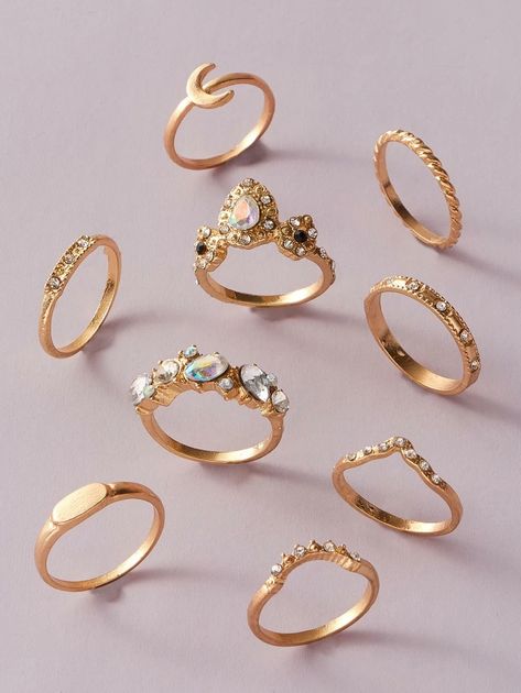 9pcs Rhinestone Engraved & Moon Decor Ring | SHEIN USA Ring Bundles, Moon Decor, Rhinestone Decor, She Knows, Trendy Earrings, Solid Gold Jewelry, Vintage Jewels, Simple Jewelry, Dainty Jewelry