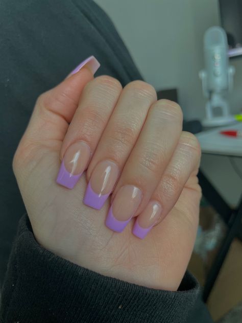 Lavender French Tip Nails Square, Coloured French Nails Tips Square, Color French Tip Nails Square, Colored French Tip Nails Coffin, Purple French Tip Nails Square, French Nails With Purple, Light Purple French Tip Nails, French Tip Nails Purple, Purple French Tip Nails Acrylic