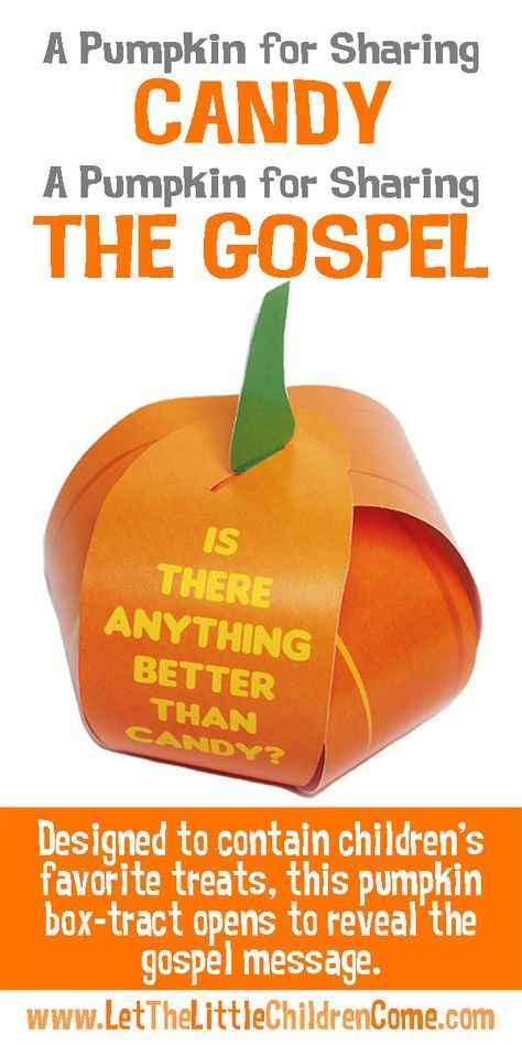 Give out more than just candy with these Halloween tracts! This attractive pumpkin shaped Box-Tract is designed to contain children’s favorite treats. More importantly, the pumpkin opens to reveal the gospel message. Halloween Tracts, Church Halloween, Bible Object Lessons, Childrens Sermons, Preschool Bible, Bible School Crafts, Gospel Message, Church Activities, Bible Activities