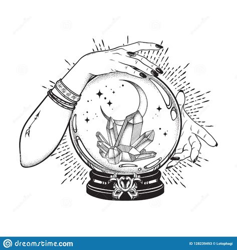 Crystal Ball Tattoo, Magic Crystal Ball, Crystal Tattoo, Magic Crystal, Crystal Drawing, Moon Vector, Chic Tattoo, Ball Drawing, Witch Tattoo