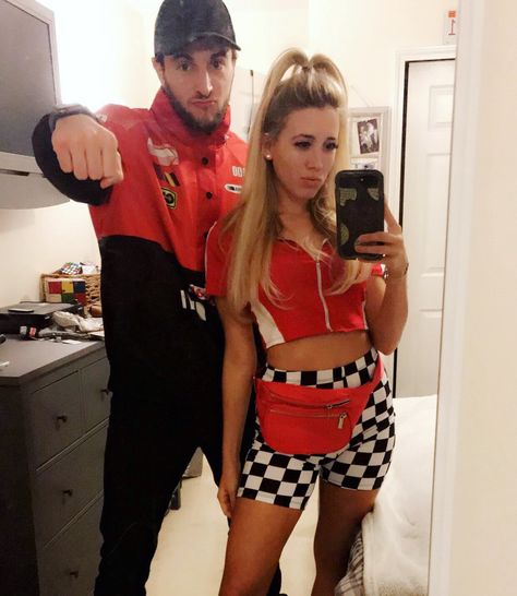 #couplecostume #nascar #nascarcostume #racecardrivercostume #racecardriver #halloweencostume Car Couple Costume, Race Car Halloween Costume Couple, Racing Couple Costume, Nascar Halloween Costume Couples, Nascar Couples Costume, Nascar Halloween Costume, Racecardriver Costume, Nascar Drivers Halloween Costume, Hallo Costumes