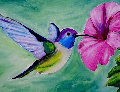 Hummingbird, by Paint Monkey Hummingbird Painting Acrylic Canvases, Hummingbird Canvas Painting, Hummingbird Painting Easy, Hummingbird Painting Acrylic Easy, Hummingbird Paintings, Painted Hummingbirds, Hummingbird Painting Acrylic, Paint Monkey, Nature Paintings Acrylic