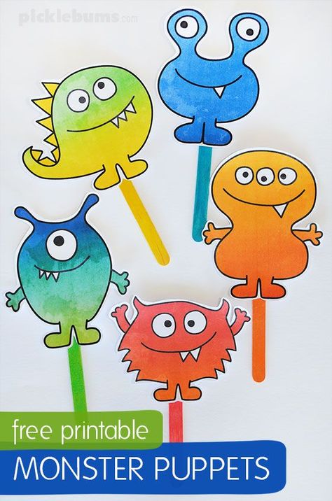 Free printable monster puppets. #monsters #freeprintable #printablesforkids #puppets #kidscraft #musicforkids #preschool Stick Puppets For Kids Free Printable, Monster Crafts For Kids, Monster Song, Summer Daycare, Monster Songs, Monster Activities, Monster Puppet, October Activities, October Ideas