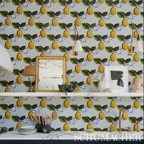 Le Citron - Sky Wallpapers | Schumacher Schumacher Wallpaper, Chinoiserie Pattern, Lemon Leaves, The Joy Of Painting, Hospitality Projects, Paint Supplies, The Grove, Painted Doors, Wallpaper Design