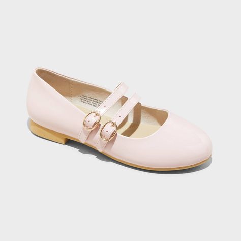 Add classic style and comfort to your child's shoe selection with these Amelia Double-Buckle Mary Jane Flats from Cat & Jack™. These closed-toe shoes boast an elegant faux-leather upper with a stylish double-strap instep featuring shiny metal buckles, making them perfect for any occasion from playdates to parties. Set on a 0.75-inch block heel, the classic Mary Jane silhouette with a round toe is a versatile addition to their wardrobe. Cat & Jack™: Designed for all children so you can trust it's Kids Flats, Pink Flats, Closed Toe Shoes, Everyday Shoes, Children Shoes, Rubber Shoes, Mary Jane Flats, Dream Shoes, Toe Shoes