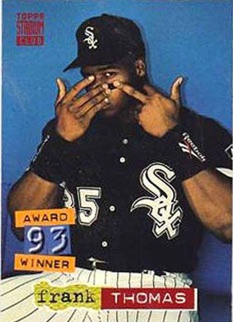 Frank Thomas is listed (or ranked) 15 on the list 17 of the Funniest Baseball Cards Ever Printed Basketball Tshirt Designs, Star Trek Poster, White Sox Baseball, High School Baseball, Frank Thomas, Baseball Humor, Baseball Card, White Sock, Sports Cards