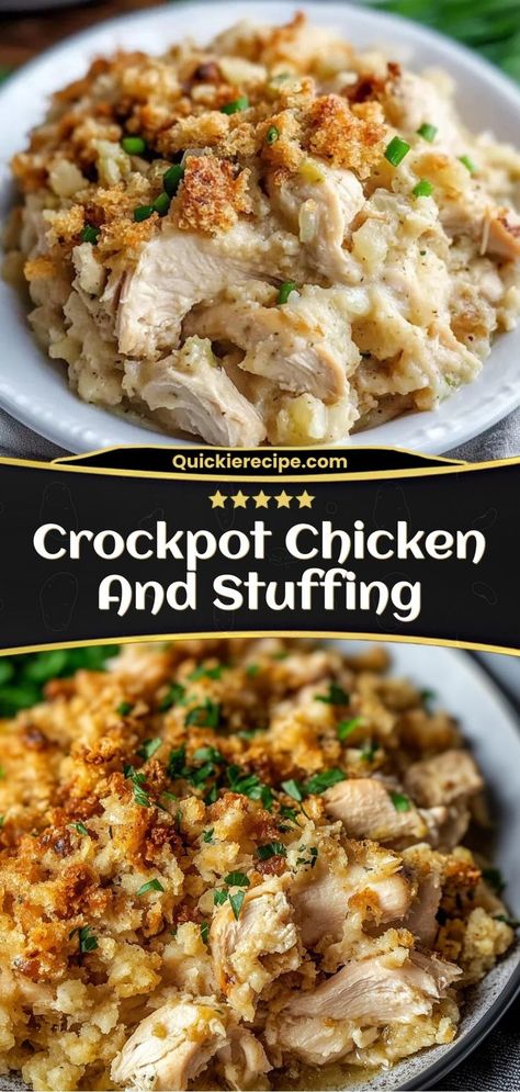 Experience the comforting embrace of this Crockpot Chicken and Stuffing recipe, an effortless slow cooker delight that transforms simple ingredients into a warm, satisfying meal perfect for busy families. Ingredients • 4 boneless skinless chicken breasts (2 ½ pounds). • 2 cans cream of chicken soup (10.5 ounces each). • ½ cup sour cream (122 grams). Why not fill your home with the delightful aroma of this easy Crockpot Chicken and Stuffing tonight? Baked Chicken Recipes Crockpot, Bake Chicken In Crockpot, Chicken In A Crock Pot Recipes, Crockpot Dinner With Chicken, Chicken Pot Pie Slow Cooker Crockpot, Crockpot Chicken And Dumplings Cracker Barrel, Easy Crockpot Chicken Casserole Recipes, Crockpot Stove Top Chicken, Cream Of Chicken Chicken Crockpot