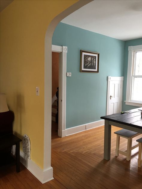 Dining room is almost done. Sherwin Williams Festoon Aqua Sw Festoon Aqua, Aqua Wall, Sherwin Williams Aquaverde, Light Teal Dining Room, Light Teal Kitchen Walls, Aqua Dining Room, Turquoise Dining Room Walls, Aquamarine Paint, Turquoise Wall