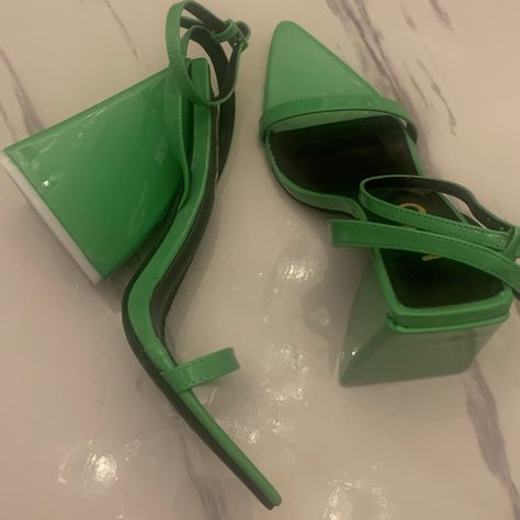 Green Slip-on Heels For Vacation, Green Leather Open Toe Slingback Pumps, Ego Heels, Pretty Visuals, Lime Green Open Toe Party Heels, Green Open Toe Slingback Pumps With 4-inch Heel, Green Leather Open-heel Mules, Ego Shoes, Blue Stilettos