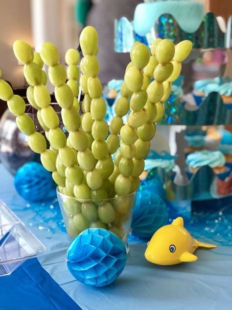 Baby Shark... Two two ta two | CatchMyParty.com Baby Shark Party Table, Shark Theme Birthday Party Boys, Kids Shark Birthday, Oneder The Sea 1st Birthday Diy, 2nd Birthday Ocean Theme, 1st Birthday Shark Theme, Shark Themed 1st Birthday Party, Dory First Birthday Party, Shark Birthday Party Ideas Decoration