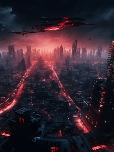 Dark Sci Fi City, Landscape Cyberpunk, Dark Sci Fi Aesthetic, City Of Evil, Sci Fi Aesthetic, Sci Fi Ship, Scifi City, Sci Fi City, Dragon Warrior