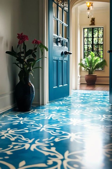 "Make your floors a work of art with a DIY Stenciled Floor! 🖌️🏡 #DIYDecor #FloorDesign #StencilingIdeas" Painted Floor Designs Ideas, Painting Concrete Floors Indoor Ideas, Floor Stencils Patterns, Painted Wooden Floors, Food Storage Rooms, Painted Wood Floors, Painted Concrete Floors, Creative Flooring, Kolam Design