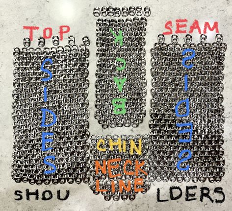 POP TAB CHAINMAIL - headpiece TEMPLATE - if change in size necessary then maybe expand/contract at the seams (or add a skull cap inside); clipped ends point up! Top seam (unclipped) tabs alternate; also unclipped is the row under the chin which is straight when laid out but bows down when raised; string goes three times around the face. Bottle Tab Chain Mail, How To Make Pop Tab Chainmail, Pop Tab Chain Mail, Pop Tab Chain, Chainmail Can Tab, Tab Chainmail, Chainmail Headpiece, Soda Can Tab Chainmail, Pop Tab Crafts