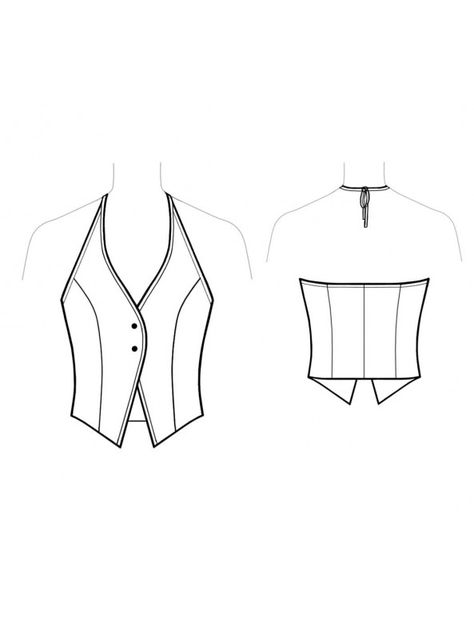 Halter Vest Pattern, Halter Top Technical Drawing, Dress Outline Template, Vest Technical Drawing, Technical Flats Fashion, Vest Sketch, Blouse Flat Sketch, Top Technical Drawing, Flat Sketches Fashion