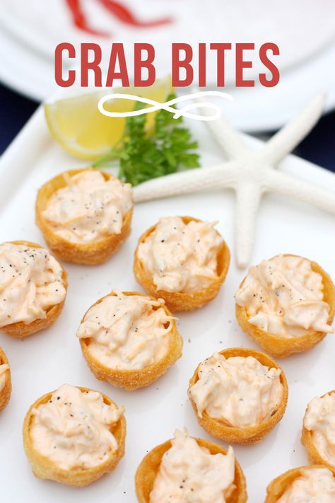 Delicious Crab Bite Appetizer Recipe, perfect for a beach or Nautical themed party :). Perfect for any party or just for a treat! Beach Appetizers, Crab Bites, Appetizer Bites, Finger Food Appetizers, Party Food Appetizers, Best Appetizers, Appetizers For Party, Yummy Appetizers, Appetizer Snacks