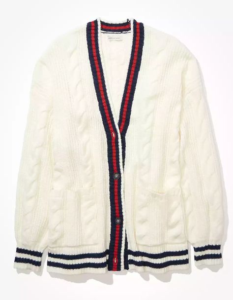 AE Oversized Cable Knit Button-Up Cardigan Gucci Cardigan, American Eagle Cardigan, College Wardrobe, Money Lessons, Gucci T Shirt, Boyfriend Sweater, Apple White, Cream Cardigan, Winter 23