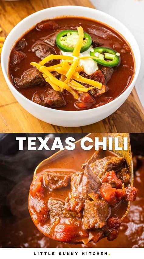 This texas chili recipe will be a crowd pleasing favorite! Tender stew meat cooked with smoky, savory spices, without beans is delicious and easy to make. Stew Meat For Tacos, Beef Stew Meat Chili Recipe, Chili With Beef Stew Meat, Stew Meat Chili Recipe, Tender Stew Meat, Texas Chili With Stew Meat, Best Texas Chili Recipe, Chili With Stew Meat, No Meat Chili Recipe