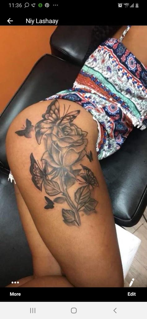 Thigh Tats Black Women, Flower Thigh Tattoos Black Women, Tummy Tucks Tattoo Cover Up Black Women, Rose And Butterfly Tattoo Thigh Piece, Hip Tattoo Black Women, Cute Thigh Tattoos Black Women, Butterfly Thigh Tattoos Women, Thigh Tattoo Black Women, Pretty Tattoos For Women Thigh Piece