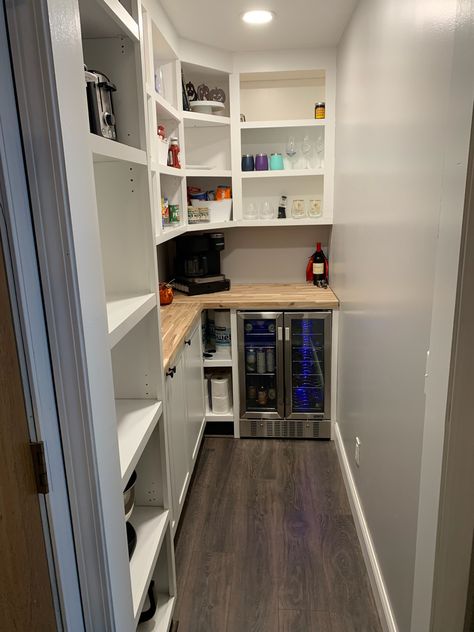 Pantry Shelving Ideas With Microwave, Walk In Pantry With Beverage Fridge, Pantry Appliance Shelf, Butlers Pantry With Mini Fridge, Awkward Pantry Space, Appliance Shelf In Pantry, Pantry With Mini Fridge, Diy Beverage Station With Fridge Basement, Pantry With Beverage Fridge