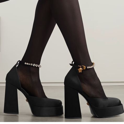 Versace Block Heels, Chunky Platform Heels Outfit, Platform Heels Outfit, Versace Heels, Mary Jane Platform Shoes, Heels Outfits, Jimmy Choo Heels, Platform Mary Janes, Platform Heels Chunky