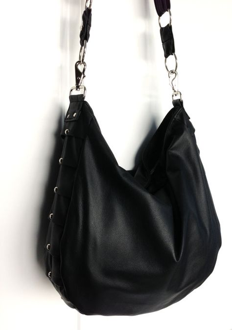 Black Leather Hobo Handbags, Leather Hobo Shoulder Bag, Black Hobo Bag, Black Alternative Style Bags With Hardware, Hobo Bags, Black Leather Bag, Black Purse, Black Leather Punk Shoulder Bag, Black Leather Studded Purse