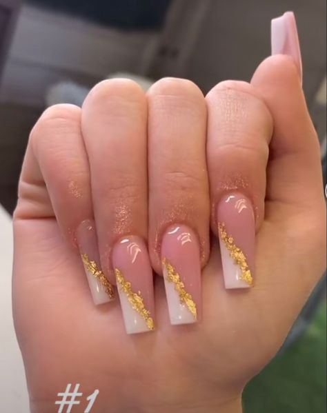 Gold Prom Aesthetic, Acrylic Nail Designs Glam, French Tip With Gold Flakes, French Top Acrylic Nails, Gold Nails Acrylic, Nails Art Simple, Design Nails Art, Nail Art Aesthetic, Nail Art Trendy